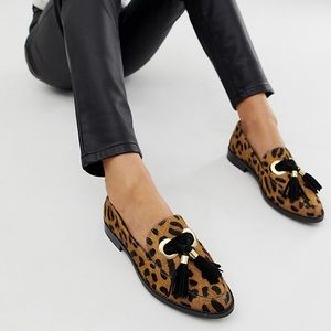 ASOS Design Mimic Leather Calf Hair Loafer Flat Shoes in Leopard Print